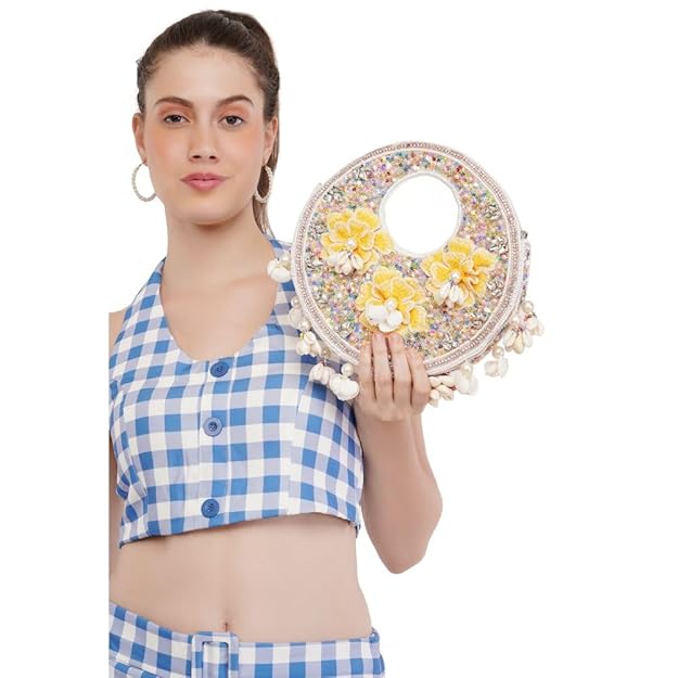 Women's/Girl's Flower Round Bali Bag Handmade Embroided Sling Clutch with Handle Purses for Ladies Elegant Design (Multicolor)