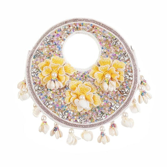 Women's/Girl's Flower Round Bali Bag Handmade Embroided Sling Clutch with Handle Purses for Ladies Elegant Design (Multicolor)