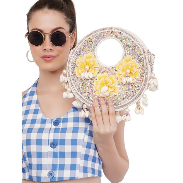 Women's/Girl's Flower Round Bali Bag Handmade Embroided Sling Clutch with Handle Purses for Ladies Elegant Design (Multicolor)