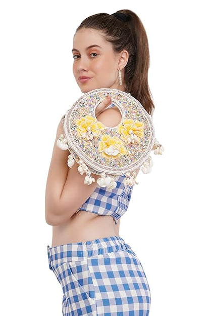 Women's/Girl's Flower Round Bali Bag Handmade Embroided Sling Clutch with Handle Purses for Ladies Elegant Design (Multicolor)