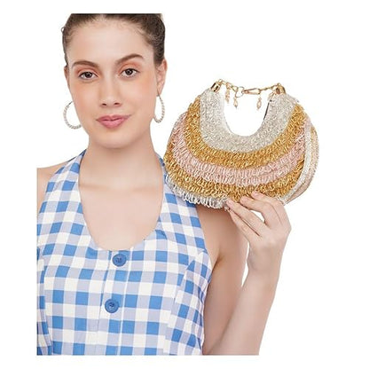 Women's/Girl's Flower Round Bali Bag Handmade Embroided Sling Clutch with Handle Purses for Ladies Elegant Design (Multicolor)