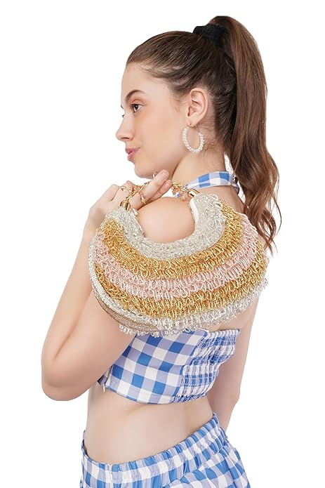 Women's/Girl's Flower Round Bali Bag Handmade Embroided Sling Clutch with Handle Purses for Ladies Elegant Design (Multicolor)